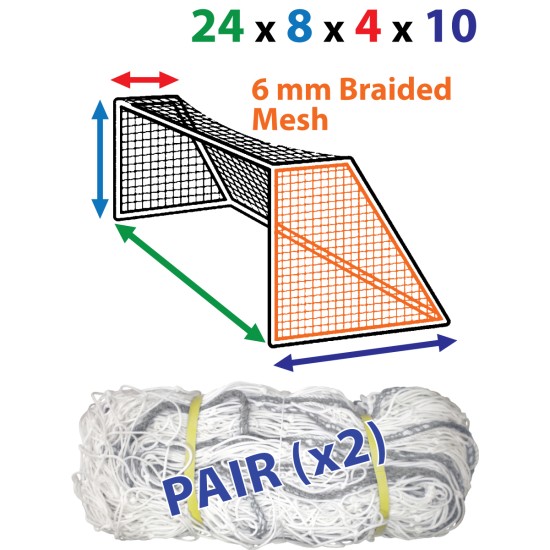 24 x 8 (x 4 x 10) 6mm White Professional Nets - Durable and Reliable Soccer Goal Nets High-quality 24 x 8 (x 4 x 10) 6mm White Professional Nets with durable braided polyethylene.